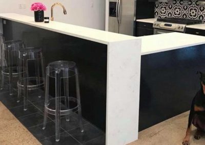 White Kitchen Counter With Black Cabinets - Doberman Dog On Floor